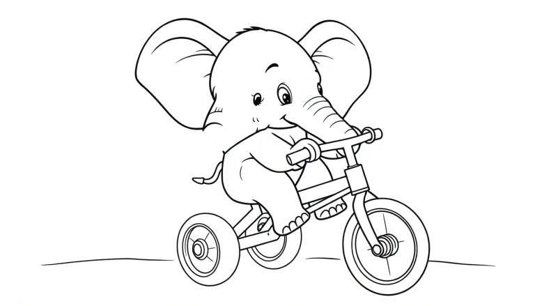 Imagen para colorear de un elefante bebé sonriente montando un triciclo, con orejas grandes y pedaleando.