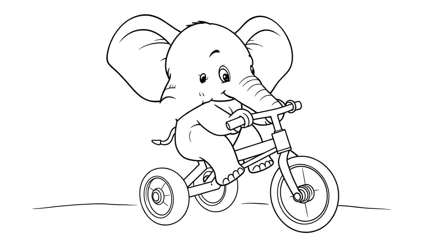 Imagen para colorear de un elefante bebé sonriente montando un triciclo, con orejas grandes y pedaleando.
