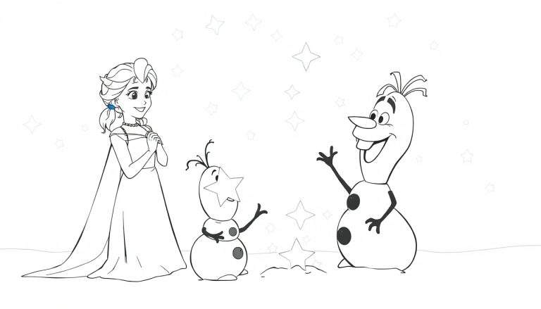 Elsa y Olaf de Frozen sonriendo junto a un pequeño muñeco de nieve con una estrella en la mejilla, listos para ser coloreados.
