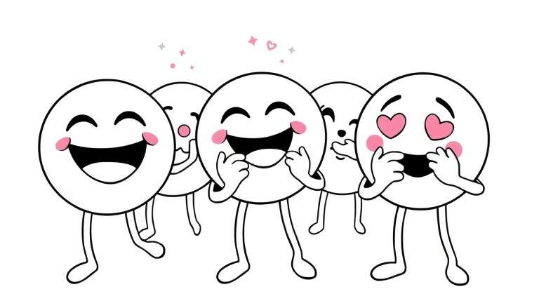 Imagen de página para colorear con varios emojis sonrientes, algunos con mejillas rosadas, ojos cerrados o en forma de corazón, y pequeños corazones y estrellas flotando a su alrededor. Los emojis tienen piernas y pies.