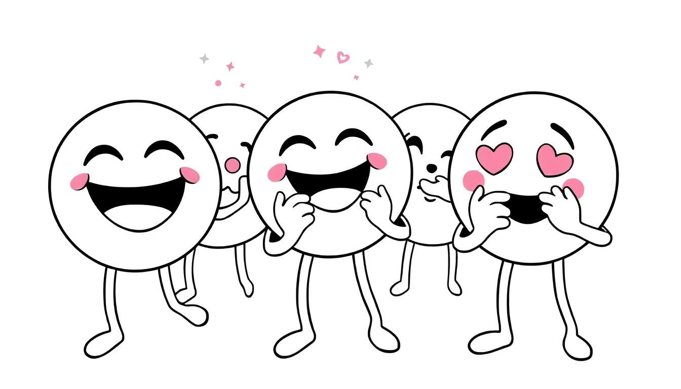 Imagen de página para colorear con varios emojis sonrientes, algunos con mejillas rosadas, ojos cerrados o en forma de corazón, y pequeños corazones y estrellas flotando a su alrededor. Los emojis tienen piernas y pies.