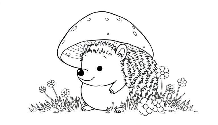 Página para colorear de un erizo de caricatura sonriendo bajo un hongo con puntos, rodeado de flores blancas. Estilo dibujo lineal en blanco y negro.