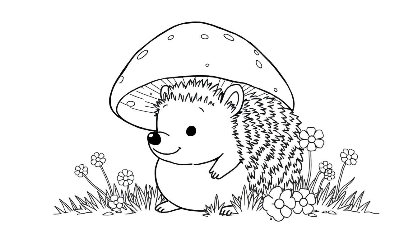 Página para colorear de un erizo de caricatura sonriendo bajo un hongo con puntos, rodeado de flores blancas. Estilo dibujo lineal en blanco y negro.