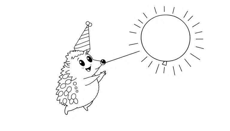 Dibujo para colorear de un erizo con gorro de fiesta lanzando un globo con rayas de sol.