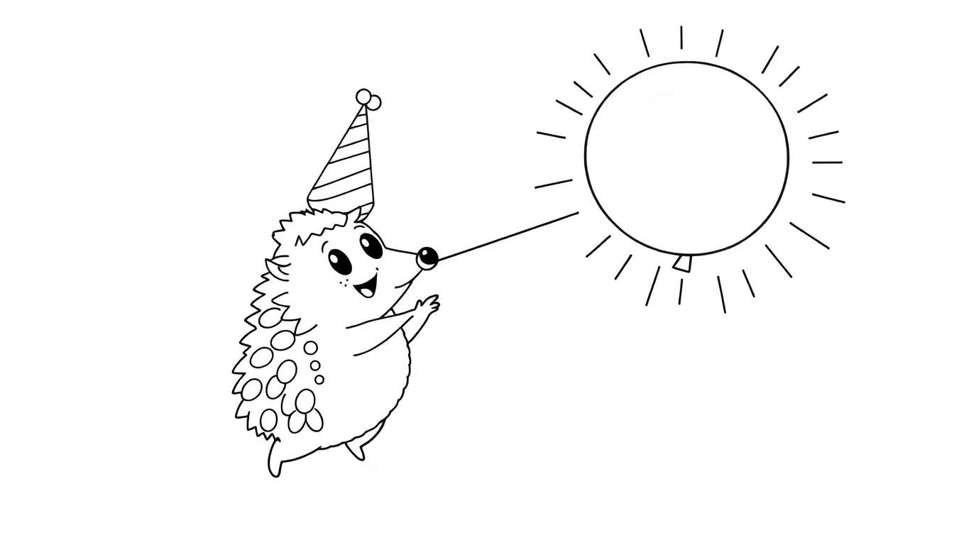 Dibujo para colorear de un erizo con gorro de fiesta lanzando un globo con rayas de sol.