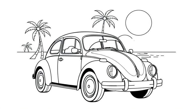 Página para colorear de un escarabajo VW clásico en la playa con palmeras y sol.