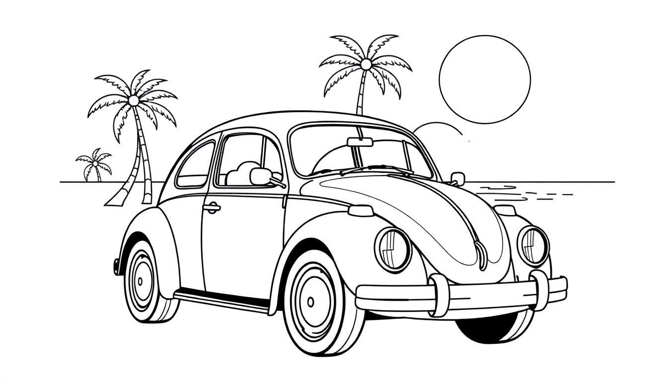 Página para colorear de un escarabajo VW clásico en la playa con palmeras y sol.