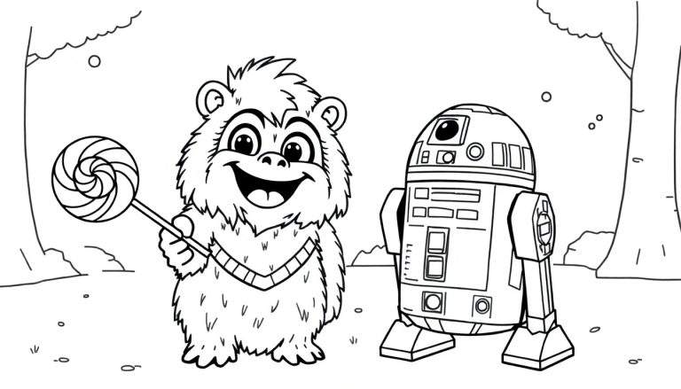 Dibujo a blanco y negro de un personaje tipo Ewok sosteniendo una piruleta espiral junto a R2-D2, con árboles estilizados y hojas en el fondo.