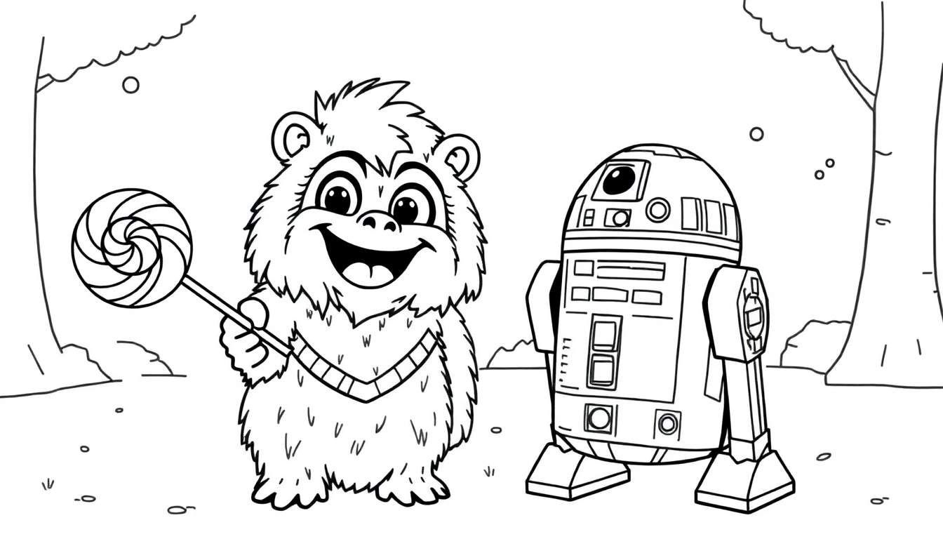Dibujo a blanco y negro de un personaje tipo Ewok sosteniendo una piruleta espiral junto a R2-D2, con árboles estilizados y hojas en el fondo.