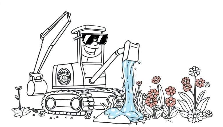 Dibujo para colorear de un excavador con gafas de sol regando flores.