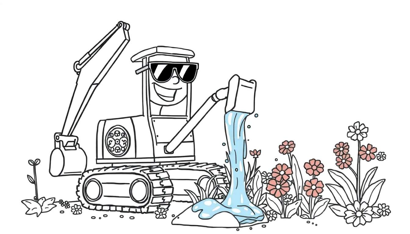 Dibujo para colorear de un excavador con gafas de sol regando flores.