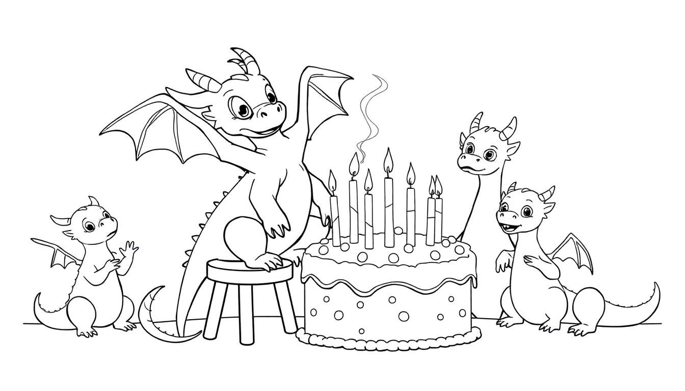 Página para colorear de una fiesta de cumpleaños con varios dragones y un pastel de cumpleaños encendido, todo en blanco y negro para colorear.