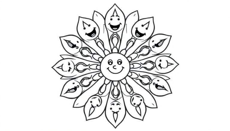 Página para colorear de flor con caritas sonrientes en sus pétalos y hojas, dibujo a tinta.