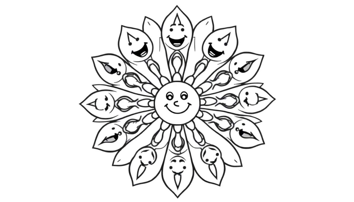 Página para colorear de flor con caritas sonrientes en sus pétalos y hojas, dibujo a tinta.