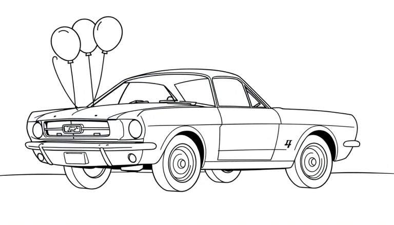 Página para colorear de un coche clásico Ford Mustang con tres globos atados al capó, en blanco y negro.