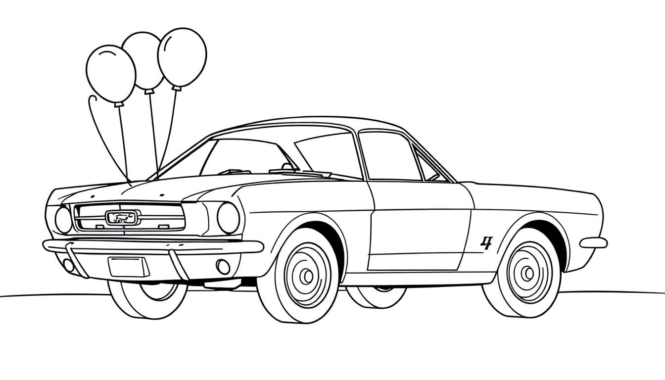 Página para colorear de un coche clásico Ford Mustang con tres globos atados al capó, en blanco y negro.