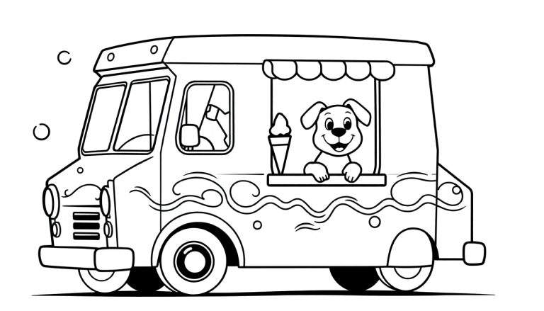 Dibujo para colorear de una furgoneta de helados con un perro sonriente sirviendo helados.