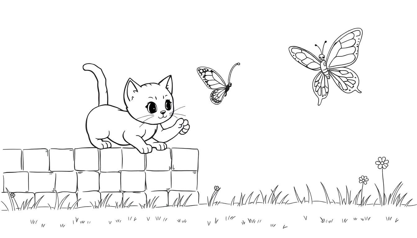 Página para colorear de un gatito sentado en un muro de ladrillos, estirando la pata hacia una mariposa, con otra mariposa y flores en el fondo.