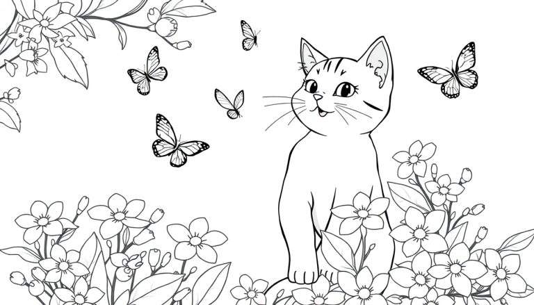 Ilustración en blanco y negro de un gatito sentado entre flores y mariposas, lista para colorear.