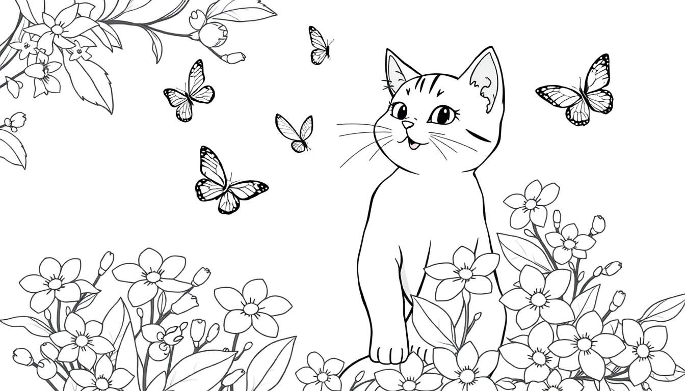 Ilustración en blanco y negro de un gatito sentado entre flores y mariposas, lista para colorear.
