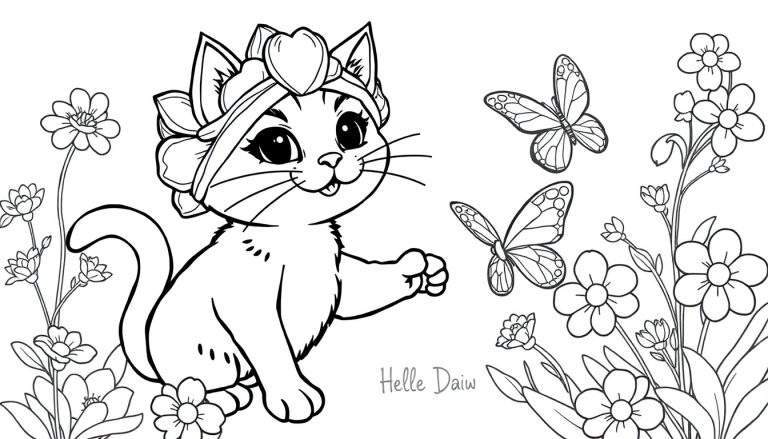 Página para colorear de un gatito con diadema floral rodeado de flores y mariposas.
