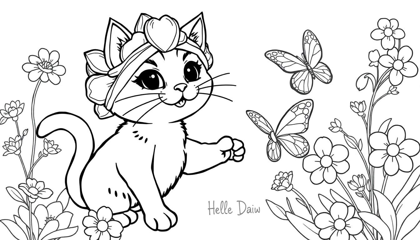 Página para colorear de un gatito con diadema floral rodeado de flores y mariposas.
