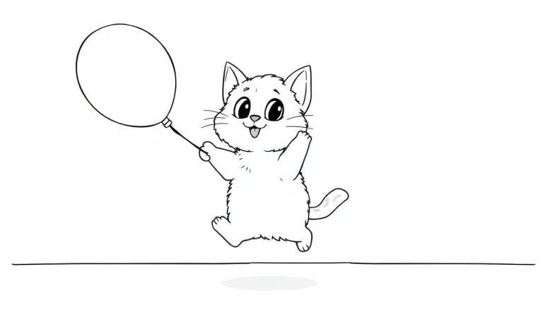 Ilustración a blanco y negro de un gatito tierno sosteniendo un globo, lista para colorear.