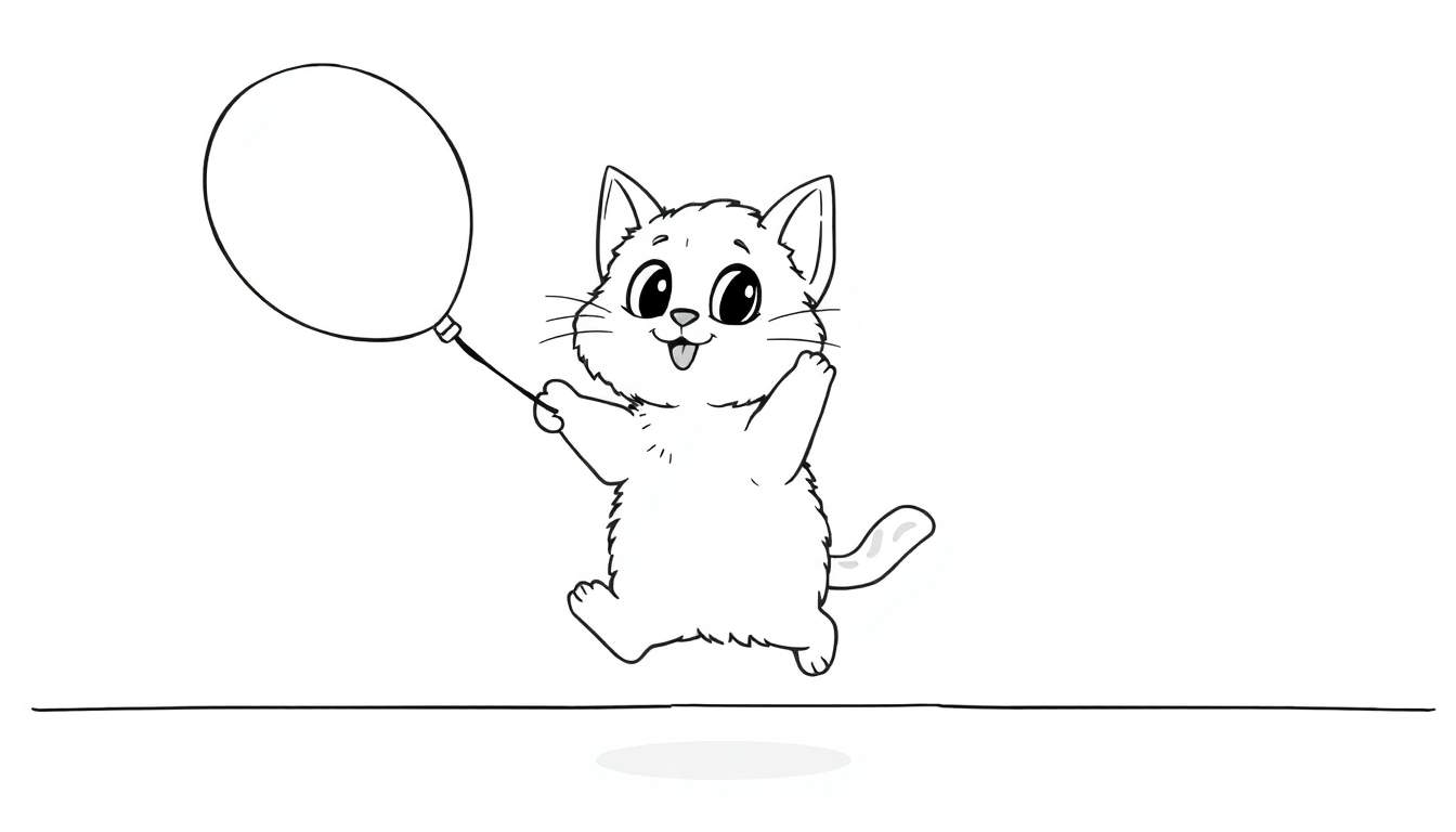Ilustración a blanco y negro de un gatito tierno sosteniendo un globo, lista para colorear.