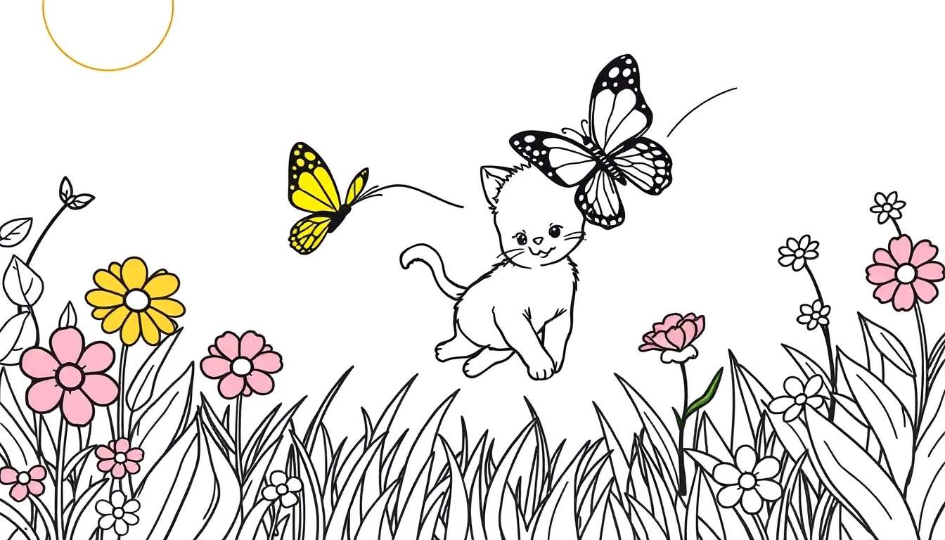 Dibujo lineal de un gatito saltando hacia una mariposa en un campo de flores. Hay otra mariposa y flores de colores. Fondo blanco con un círculo amarillo incompleto.