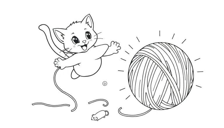 Dibujo a blanco y negro de un gatito saltando hacia una bola de lana que brilla, con un ratoncito de juguete a sus pies.