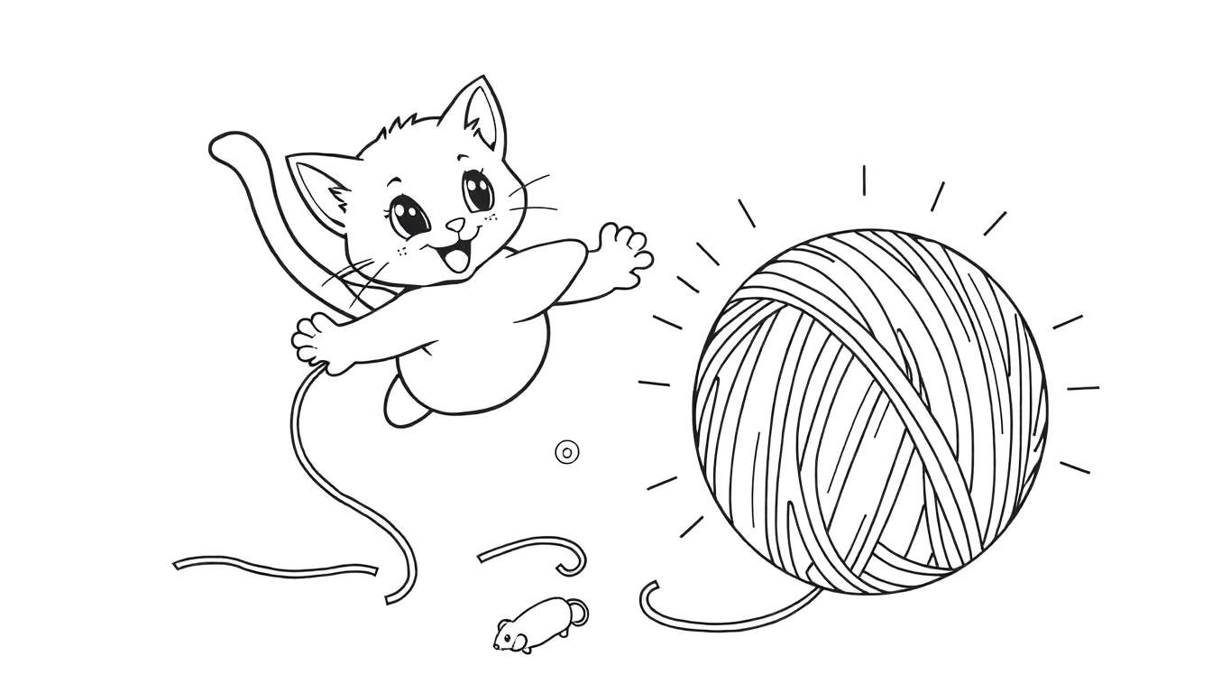 Dibujo a blanco y negro de un gatito saltando hacia una bola de lana que brilla, con un ratoncito de juguete a sus pies.