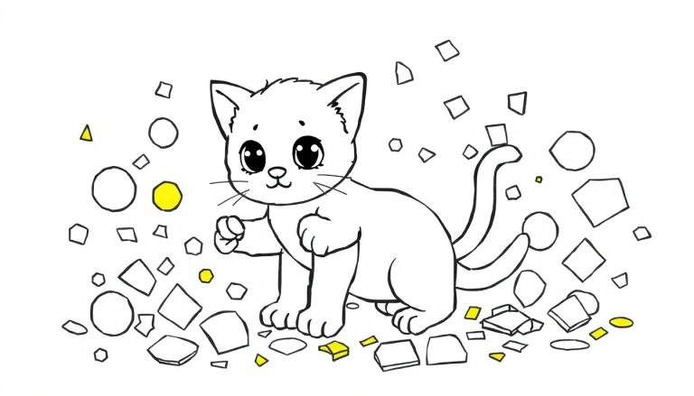 Dibujo a lápiz de un gatito sentado rodeado de círculos, cuadrados y triángulos. Algunas formas son amarillas, otras en blanco y negro.