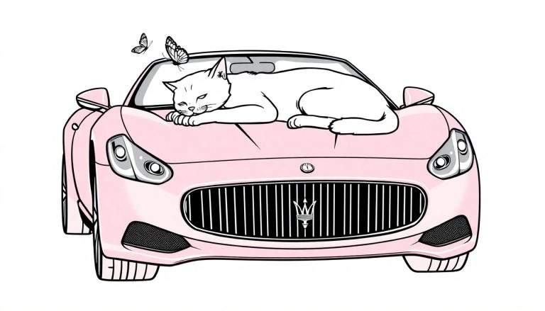 Página para colorear de un gato blanco durmiendo en un coche deportivo rosa, con mariposas revoloteando.