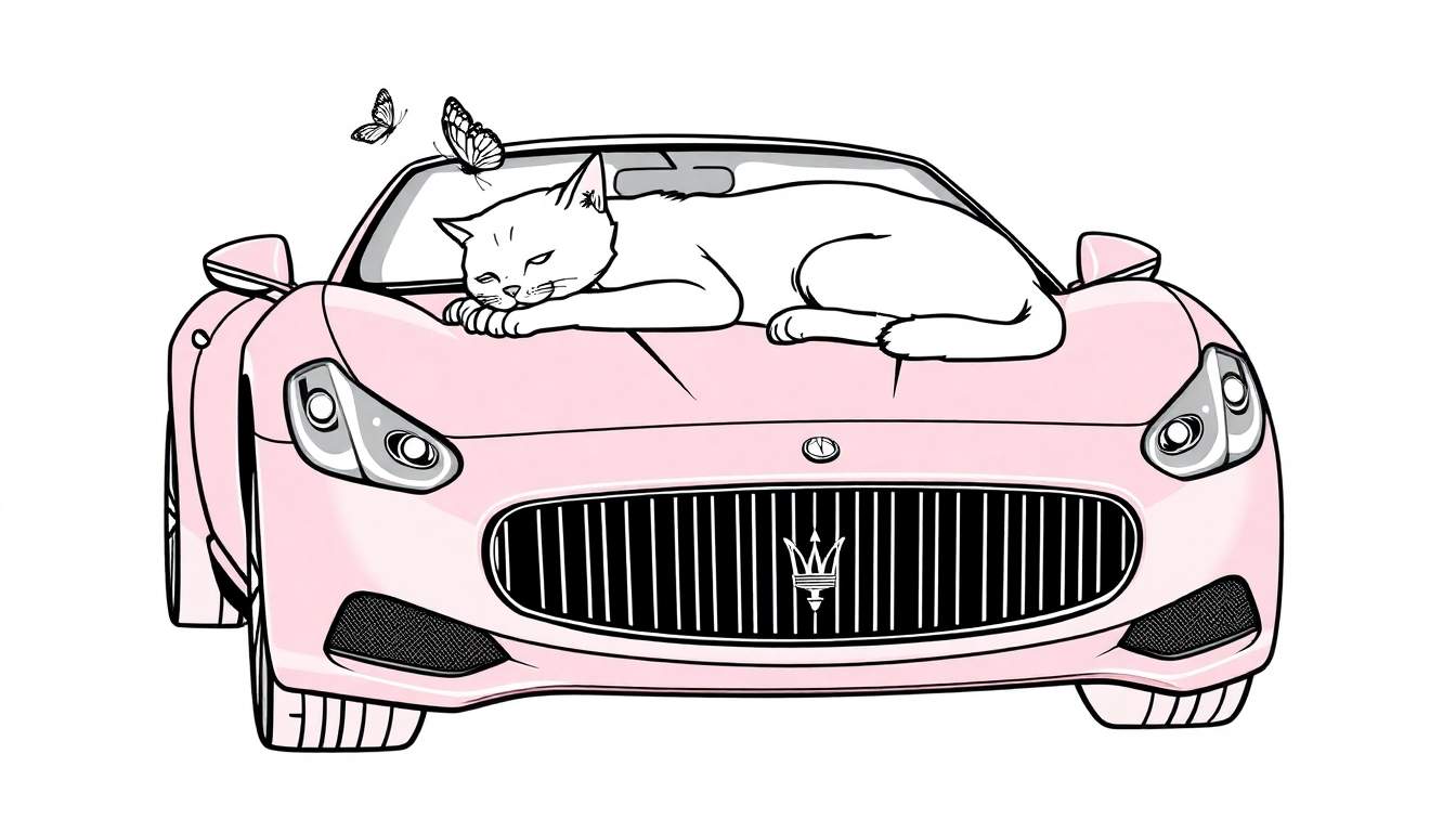 Página para colorear de un gato blanco durmiendo en un coche deportivo rosa, con mariposas revoloteando.
