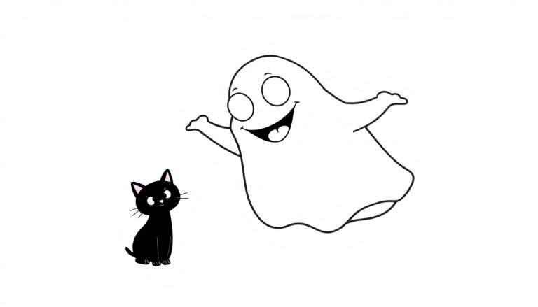 Dibujo en blanco y negro de un gato negro y un fantasma sonriente, para colorear.