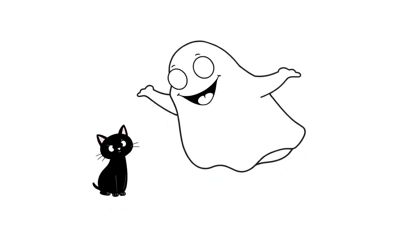 Dibujo en blanco y negro de un gato negro y un fantasma sonriente, para colorear.