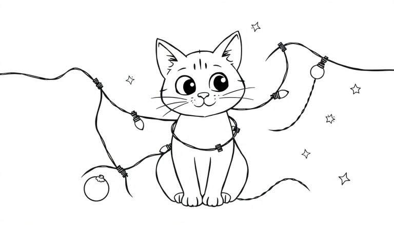 Dibujo lineal para colorear de un gato feliz enredado en luces navideñas.