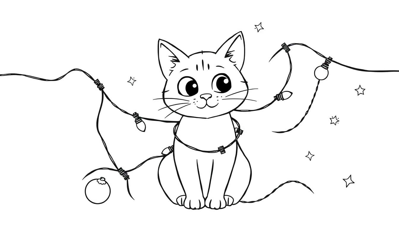 Dibujo lineal para colorear de un gato feliz enredado en luces navideñas.