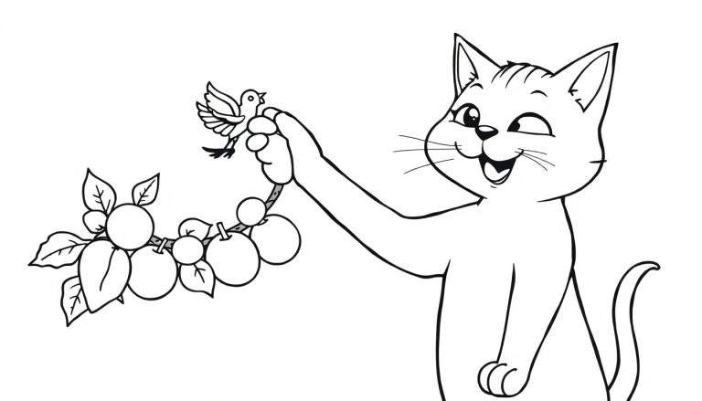 Dibujo para colorear de un gato feliz guiñando un ojo, sosteniendo una rama con frutas y un pajarito.