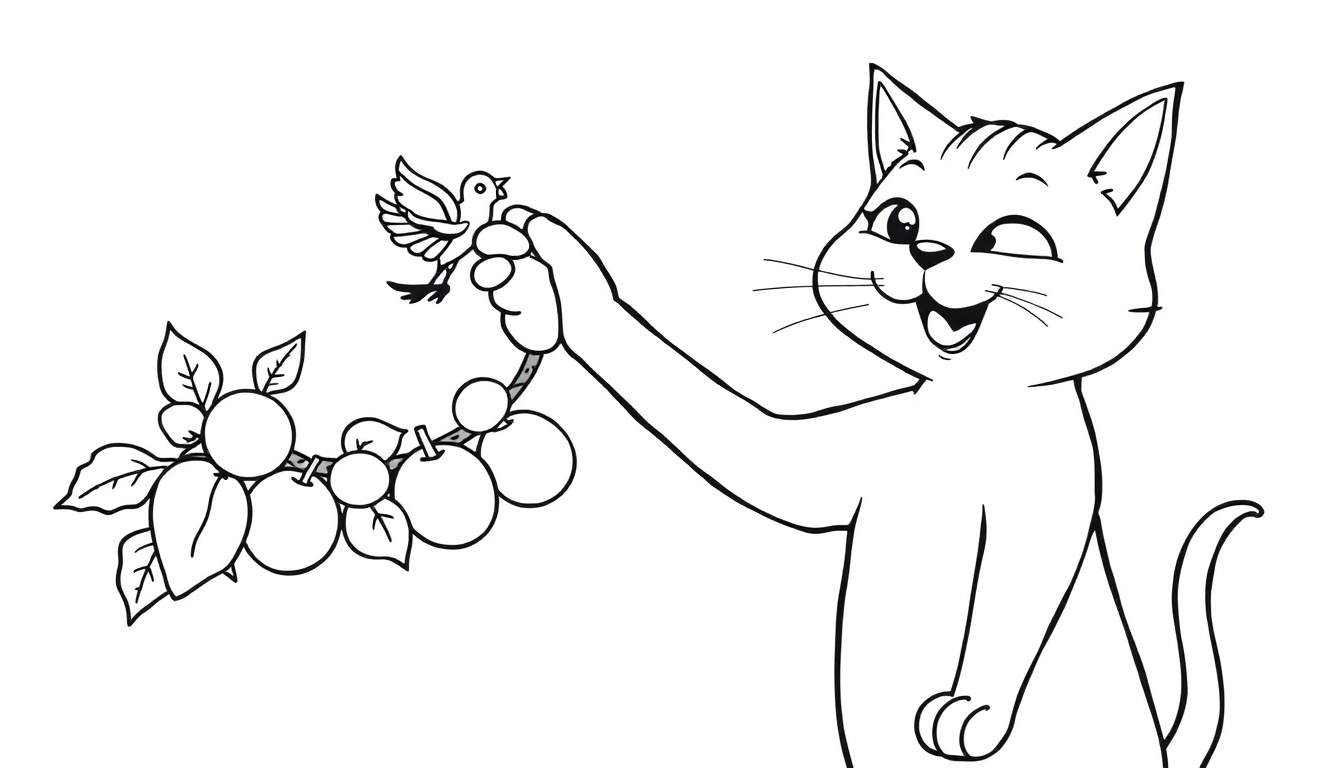 Dibujo para colorear de un gato feliz guiñando un ojo, sosteniendo una rama con frutas y un pajarito.