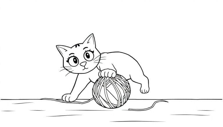 Dibujo en blanco y negro de un gato juguetón con ojos grandes y redondos, enredado en un ovillo de lana con un hilo extendiéndose por el suelo, listo para colorear.