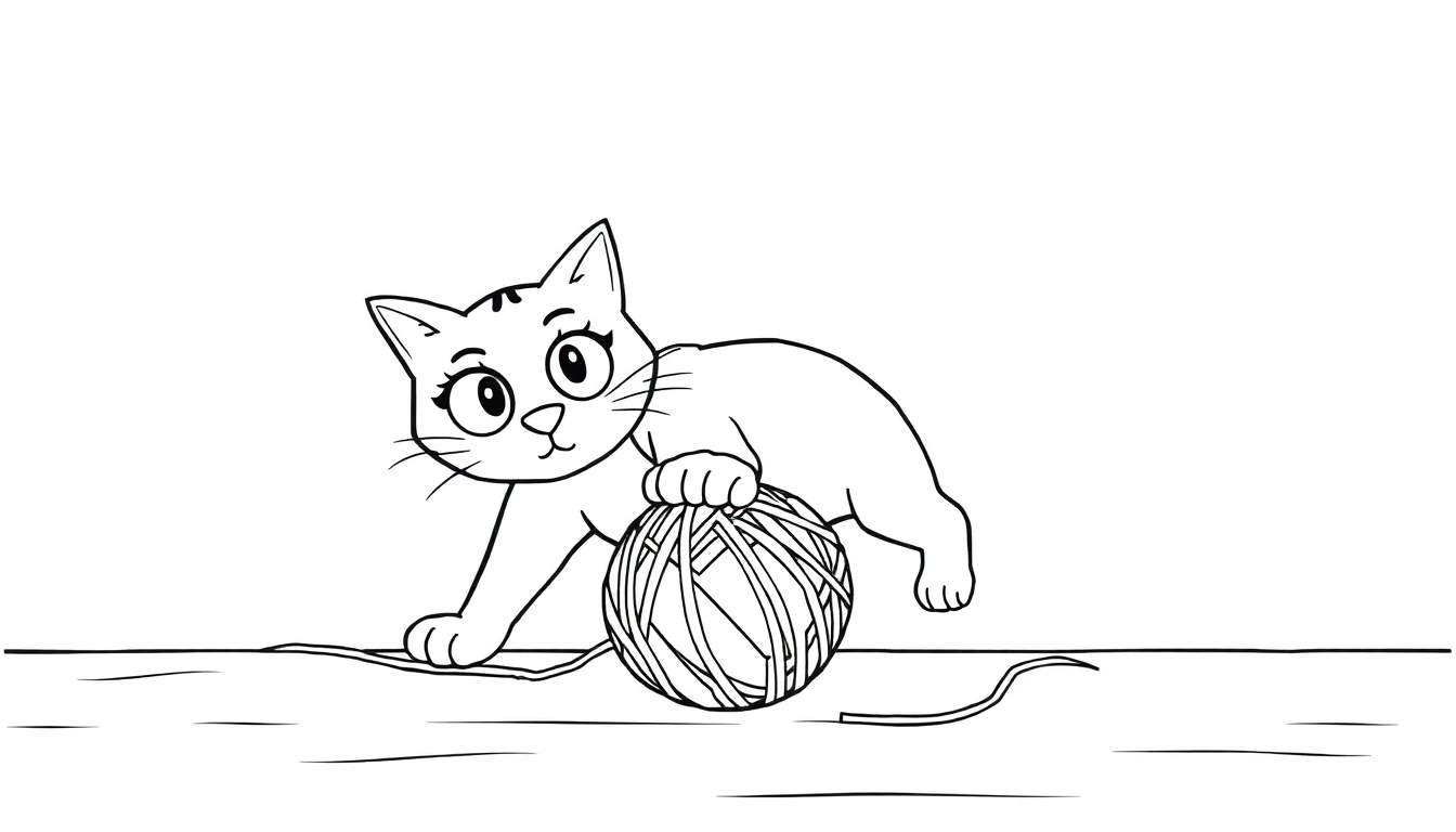 Dibujo en blanco y negro de un gato juguetón con ojos grandes y redondos, enredado en un ovillo de lana con un hilo extendiéndose por el suelo, listo para colorear.