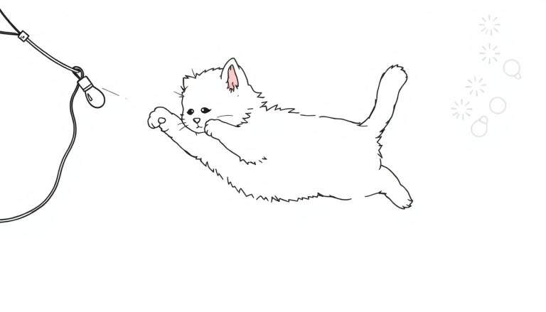 Ilustración lineal en blanco y negro de un gato blanco saltando hacia una bombilla, con orejas rosadas y luces circulares de fondo.
