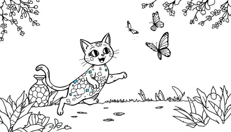 Dibujo para colorear de un gato atigrado jugando con mariposas en un jardín con flores y un jarrón.