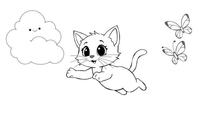 Dibujo animado en blanco y negro de un gato saltando, una nube sonriente y dos mariposas volando.