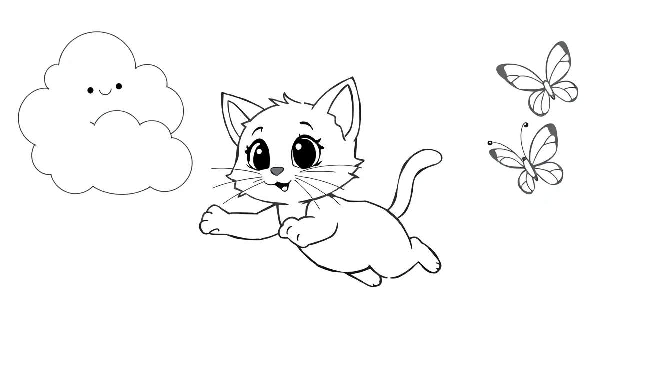 Dibujo animado en blanco y negro de un gato saltando, una nube sonriente y dos mariposas volando.