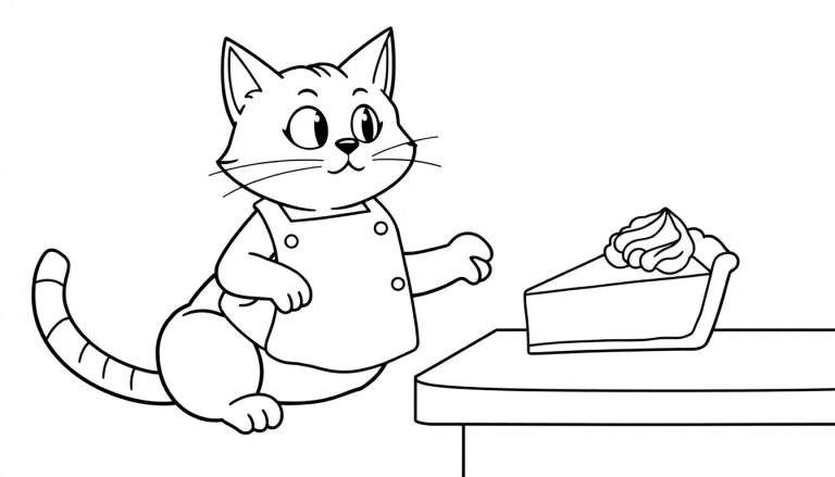 Dibujo en blanco y negro de un gato con delantal listo para comer un trozo de pastel con crema batida, estilo infantil.