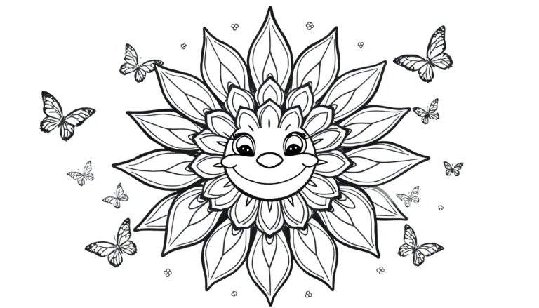 Dibujo a tinta de un girasol sonriente con ojos redondos, nariz pequeña y gran sonrisa, con mariposas de diferentes tamaños revoloteando a su alrededor en una página para colorear.