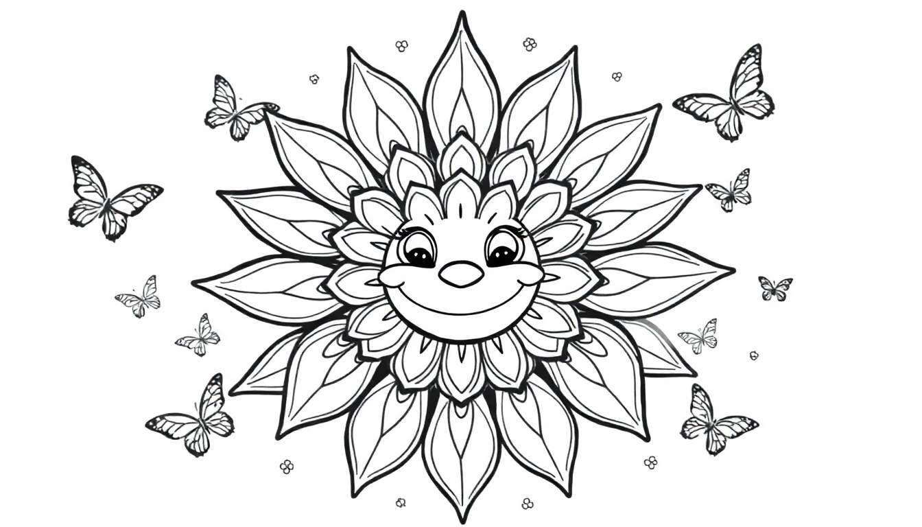 Dibujo a tinta de un girasol sonriente con ojos redondos, nariz pequeña y gran sonrisa, con mariposas de diferentes tamaños revoloteando a su alrededor en una página para colorear.