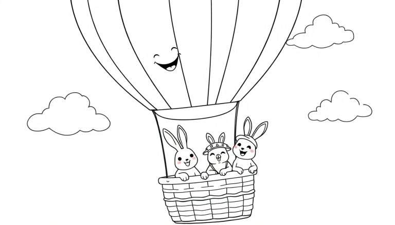 Dibujo lineal en blanco y negro de un globo aerostático sonriente con tres conejos felices en su canasta, uno de ellos con sombrero, y nubes en el cielo.